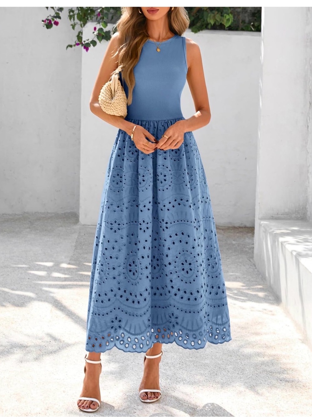 Sleeveless Blue Eyelet Maxi Dress